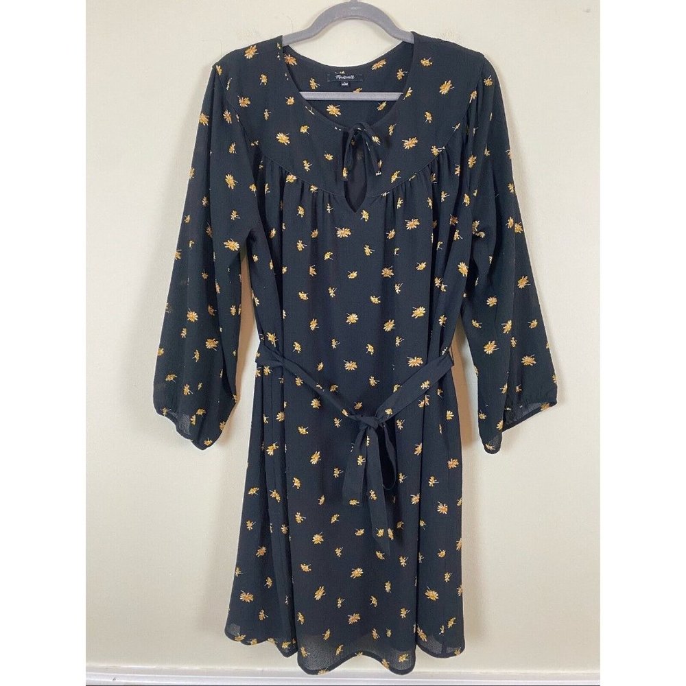 Madewell Tie Waist Mini Dress Black with French Daisies 3/4 Sleeve